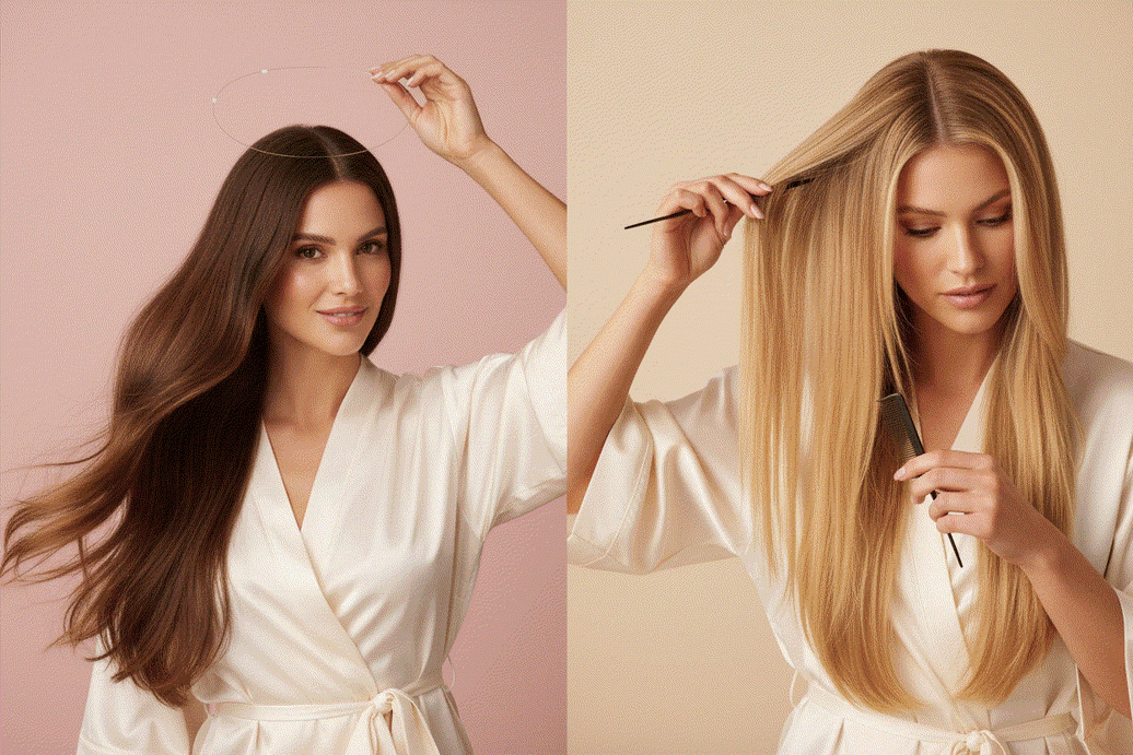 Comparison of halo and clip-in hair extensions showcasing application methods and benefits